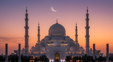 Naklejka premium Sheikh Zayed Mosque at Dusk with Crescent Moon and Colorful Sky