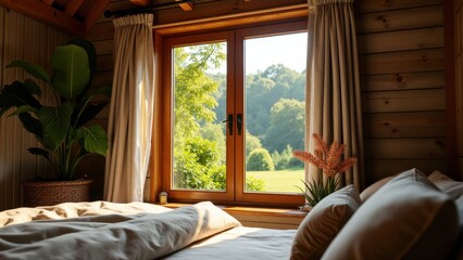 Fototapeta premium Open casement window, Cozy room open wooden casement window garden view.