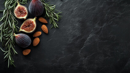 A minimalist and artistic display of figs, rosemary, and almonds on a black textured background, creating an elegant presentation for high-end cuisine.