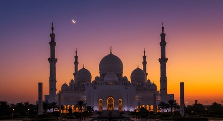 Sheikh Zayed Mosque at Dusk with Crescent Moon and Colorful Sky