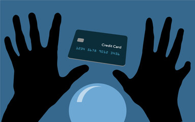 Obraz premium Hands wave over a crystal ball as a credit card from the future hovers in the air in a 3-d illustration.