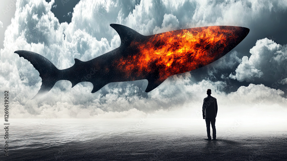 Poster cosmic shark gliding through clouds, leaving trails of deep space energy in its wake