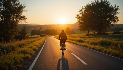 Obraz premium Peaceful countryside bike ride along a quiet, winding road, with the golden light of the setting sun creating long shadows and a warm atmosphere Generative AI 