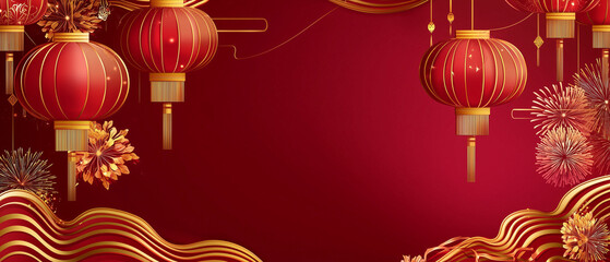Happy Chinese new year 2025. Chinese new year banner with copyspace for show product. Greeting card. China frame with lantern on red background.