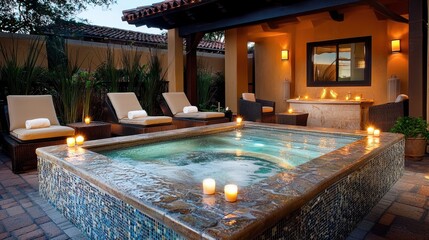 Romantic backyard spa with hot tub, lounge chairs, and fire pit at dusk.