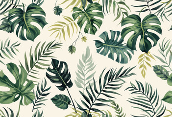 Fototapeta premium Various tropical leaves and plants, including palm leaves, ferns, and other foliage, arranged in a repeating design. Vector patterns, random pattern