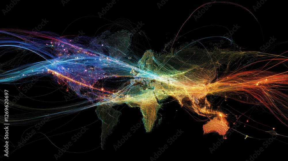 Poster colorful world map displaying interconnected global air travel routes