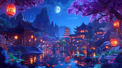 Night scene of illuminated Asian village, pagodas, lanterns, moon, mountains, and koi pond.