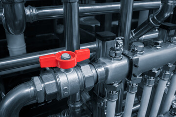 Water supply wiring in the boiler room, metal and plastic pipes, filters, taps and shut-off valves, fittings, valves and pressure gauges and thermometers, heating boilers and tanks