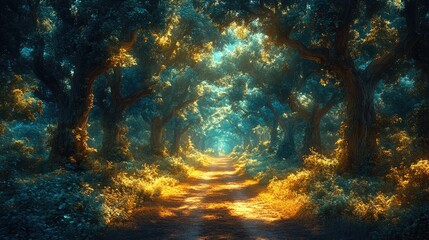 Fototapeta premium Enchanted forest path illuminated by soft golden light through lush greenery.