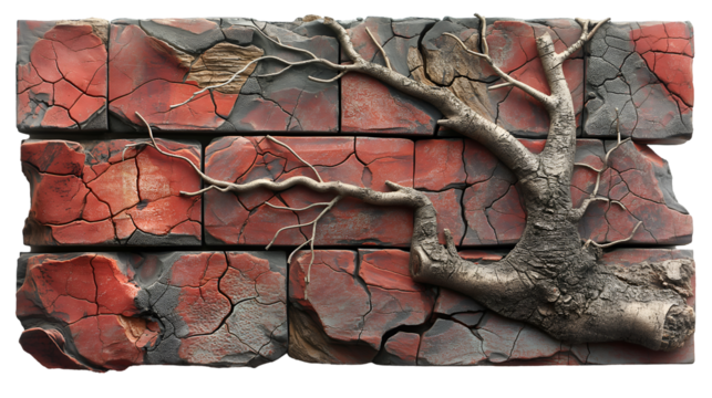Red Clay Brick Wall Rustic Texture, Tree Branch and Crack Design for Nature Themes, isolated on transparent background.
