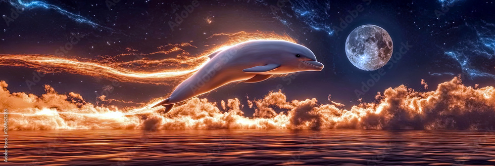 Poster luminescent dolphin dances between glowing moons in a cosmic embrace at twilight