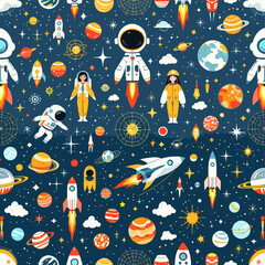 A lively space theme with various celestial objects, including planets, stars, comets, and a rocket ship, all set against a dark blue background. Vector patterns, random pattern
