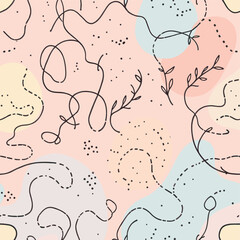 Abstract lines and dots in various colors, including pink, blue, yellow, and green, creating a dynamic and whimsical design. Vector patterns, random pattern