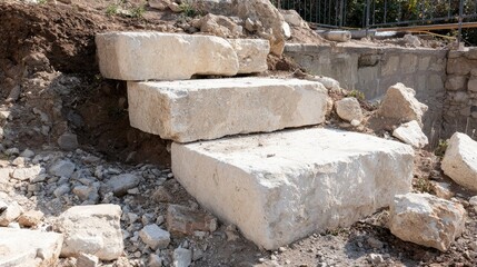 Ancient stone steps unearthed during excavation, construction site background; archaeological site