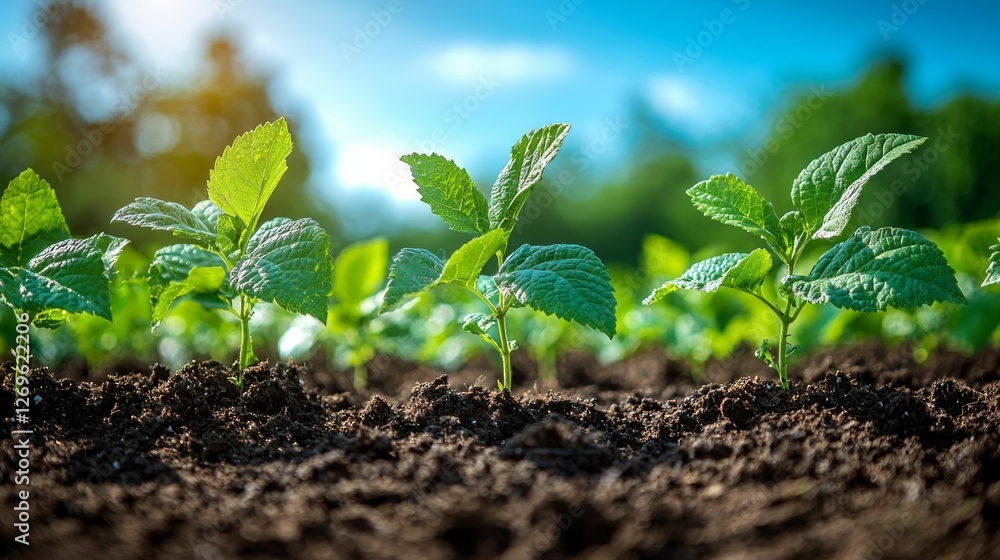 Poster row of young grape saplings stands upright in neat rows bright sky. their tender leaves and tiny gra