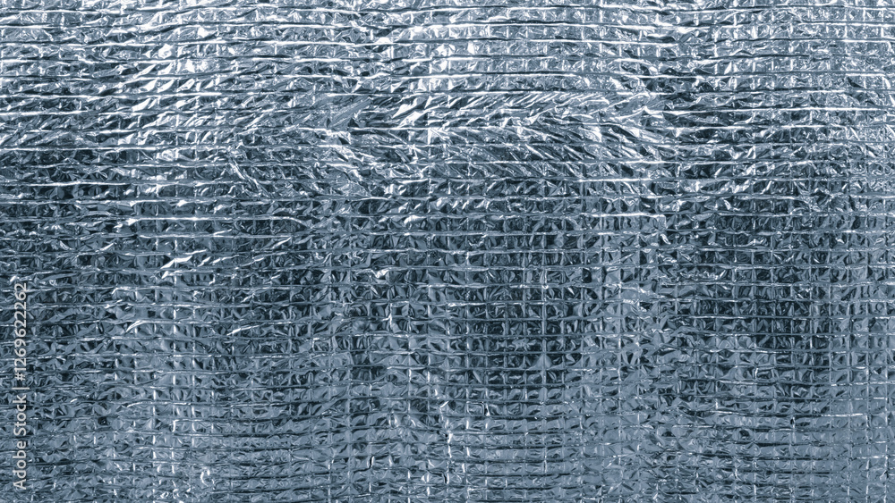 Poster A blue and silver foil with a pattern of squares. The foil is shiny and reflective. The image has a metallic and futuristic feel to it