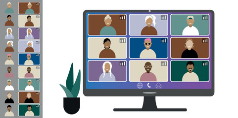 Video call conference, working from home. Colleagues of different nationalities and ages talk to each other on computer screen. Isolated illustration on white background in flat style trendy colors