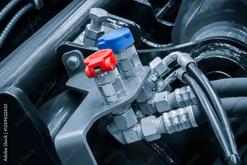 Poster a close up of a car engine with a blue and red cap on a hose. the hose is connected to a black hose 