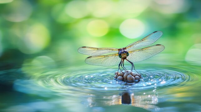 Dragonfly Laying Eggs on the Surface of a Calm Pond Water