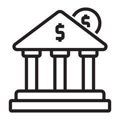 Bank icon with dollar sign, financial institution symbol, black and white vector illustration isolated on white background.