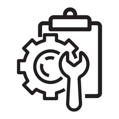 Clipboard with wrench, gear, and maintenance icon, repair and work management symbol, black and white vector illustration isolated on white background.