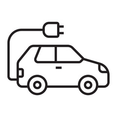 Electric car icon with charging plug, eco-friendly vehicle and sustainable transportation symbol, black and white vector illustration isolated on white background.