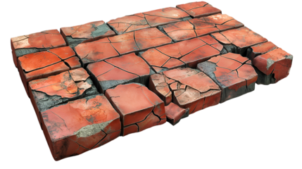 Broken Brick Pavement Red Seamless Texture, Ancient Cracked Stone for Road Backgrounds, isolated on transparent background.