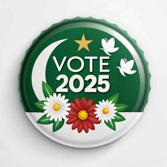 Patriotic Call to Vote: Pakistan 2025 Election Badge with VOTE 2025 Text and Symbols on Pakistan Flag &ndash; 3D Rendering