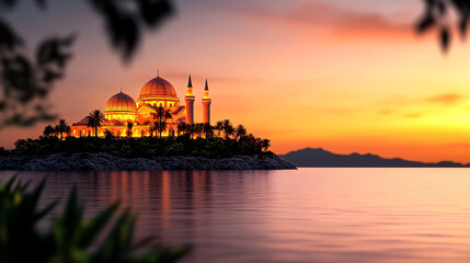 Majestic Byzantine architecture with domes and minarets at sunset, reflecting on calm waters. serene and picturesque scene showcasing intricate design and natural beauty
