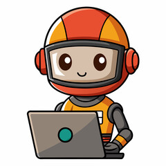 A cute cartoon robot is sitting at a laptop, smiling happily on a white background, isolated.  