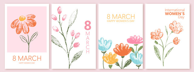 Spring flowers. 8 March, women's day, mother's day holiday cards set. Bright colorful botanical background, pattern. 