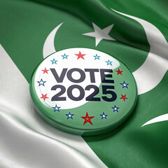 Patriotic Call to Vote: Pakistan 2025 Election Badge with VOTE 2025 Text and Symbols on Pakistan Flag &ndash; 3D Rendering