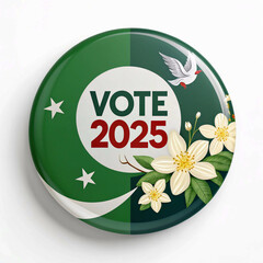 Patriotic Call to Vote: Pakistan 2025 Election Badge with VOTE 2025 Text and Symbols on Pakistan Flag &ndash; 3D Rendering
