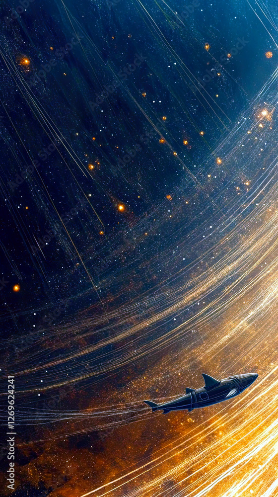 Poster celestial shark gliding through a meteor-filled expanse under a cosmic tapestry of stars