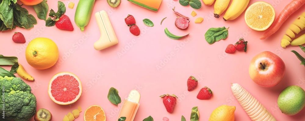 Aufkleber fresh fruits and vegetables forming a frame on a pink background