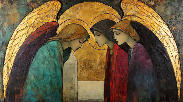A Byzantine icon-style painting of the angel at the empty tomb, rich gold leaf detailing illuminating the scene. The three women, dressed in traditional biblical garments, gaze in awe,