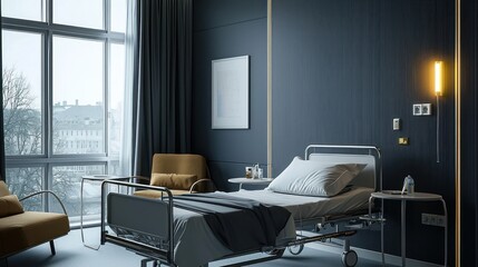 Modern hospital room with large window, bed, chair, and city view.