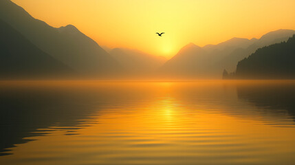 Naklejka premium Golden sunrise over a misty lake with birds flying and mountain silhouettes
