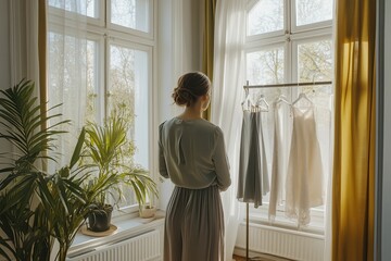 A woman in a spacious interior chooses her dress off the rack