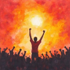 Triumphant Runner Celebrating Victory at Sunset with Cheering Crowd and Vibrant Watercolor Background