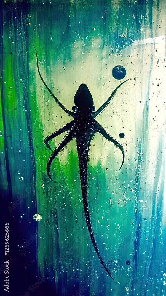 Poster translucent squid reveals galaxies within its ethereal glow in a vibrant ocean backdrop