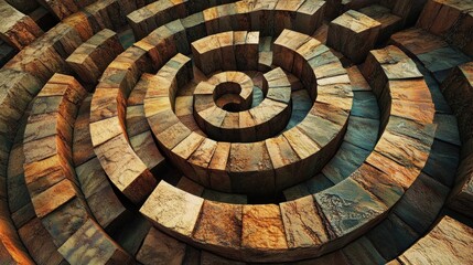 Fototapeta premium Intricate Circular Pattern of Wooden Blocks in a Spiral Design