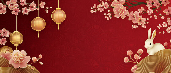 Obraz premium 2023 Chinese new year, year of the rabbit banner template design with rabbits and flowers background. Chinese translation: Rabbit