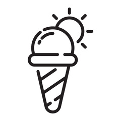 Ice Cream Cone with Sun Icon, Summer and Refreshing Dessert Symbol, Black and White Outline Illustration Isolated on White Background