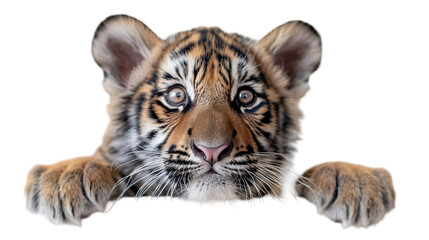 Obraz premium Baby Tiger Cub Closeup Portrait, Cute Wildcat with Big Eyes and Soft Fur, isolated on transparent background.