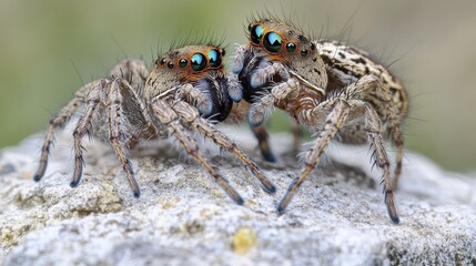 Male Spider Displaying Colorful Features on Rock Surface