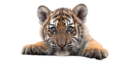Fototapeta premium Baby Tiger Cub Autumn Leaves, Cute Wildlife with Big Paws and Sweet Eyes, isolated on transparent background.