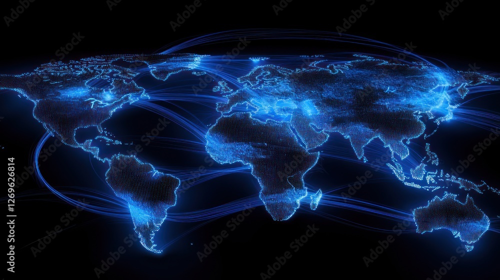 Poster world map illuminated in bright blue with flowing lines