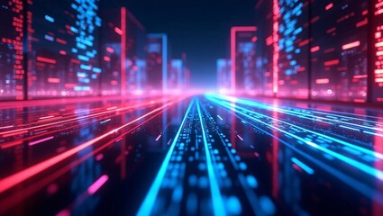Fototapeta premium Futuristic Blue and Red digital binary data on computer screen Abstract Cyberspace Technology Background